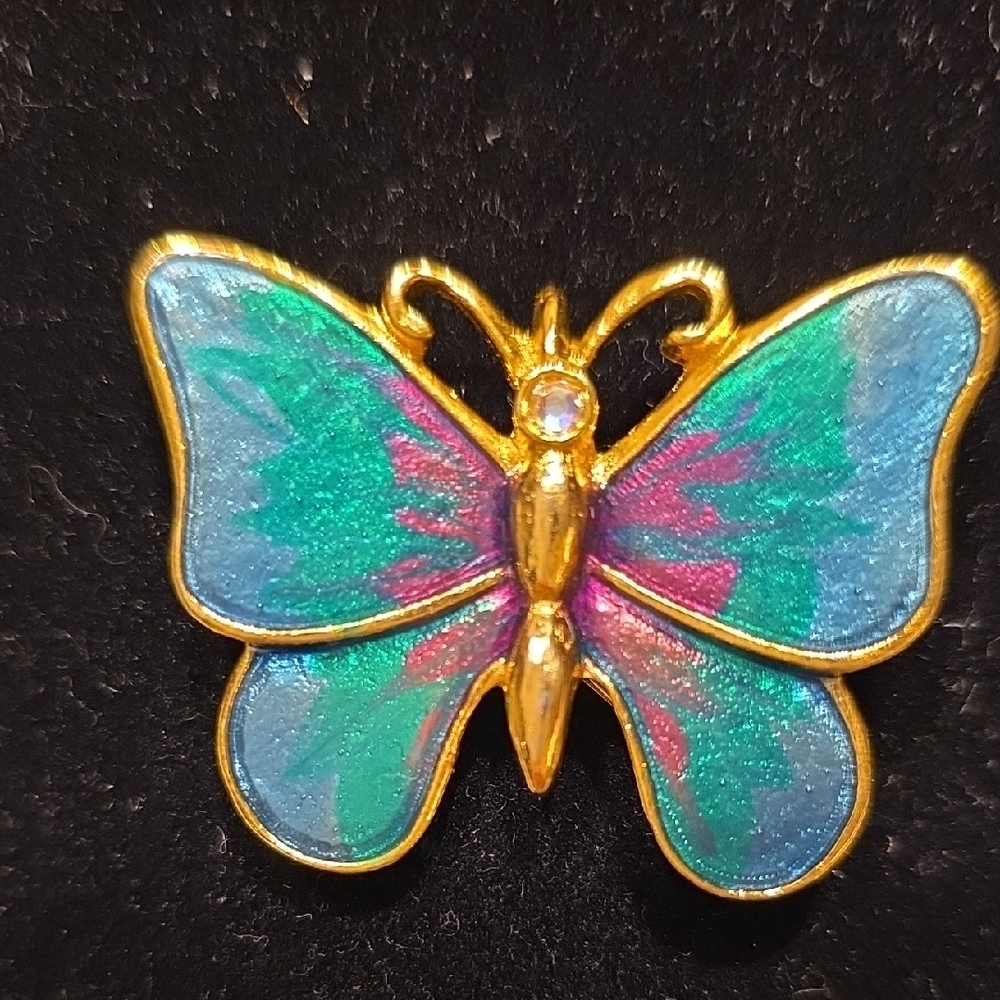 Vintage Enamel Rhinestone Green Pink Butterfly Pendant Brooch 1.75 Inches Wide